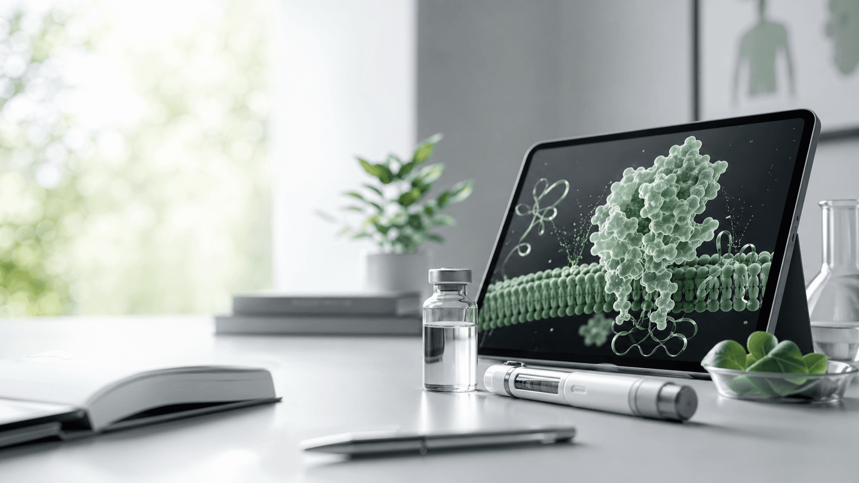 Clinical GLP-1 research desk with a vial, injector pen, and molecular visualization