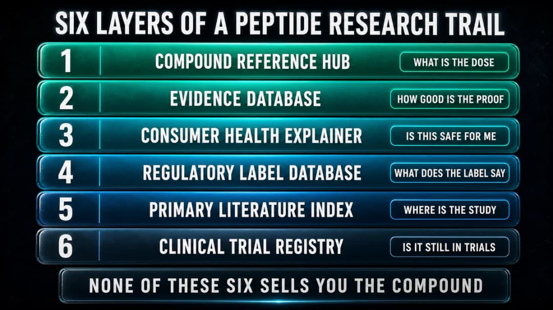 Ranked ladder titled "Six layers of a peptide research trail", showing six numbered tiers from top to bottom: compound reference hub, evidence database, consumer health explainer, regulatory label database, primary literature index, and clinical trial registry, each tagged with the question it answers. Footer reads "None of these six sells you the compound."