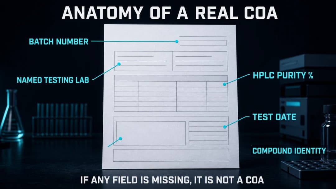 Annotated sample certificate of analysis titled "Anatomy of a real COA," with callout lines pointing to the five fields a genuine document must show: batch number, named testing lab, HPLC purity percentage, test date, and compound identity, captioned "If any field is missing, it is not a COA."