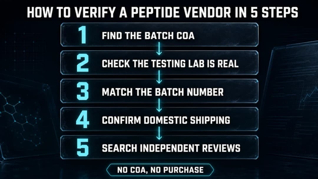 Vertical five-step checklist titled "How to verify a peptide vendor in 5 steps": 1) find the batch COA, 2) check the testing lab is real, 3) match the batch number, 4) confirm domestic shipping, 5) search independent reviews, with a footer badge reading "No COA, no purchase."