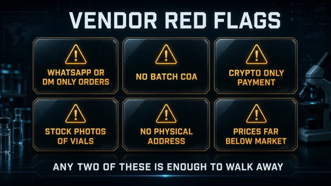 Grid of six amber warning cards titled "Vendor red flags": WhatsApp or DM-only orders, no batch COA, crypto-only payment, stock photos of vials, no physical address, and prices far below market, captioned "Any two of these is enough to walk away."