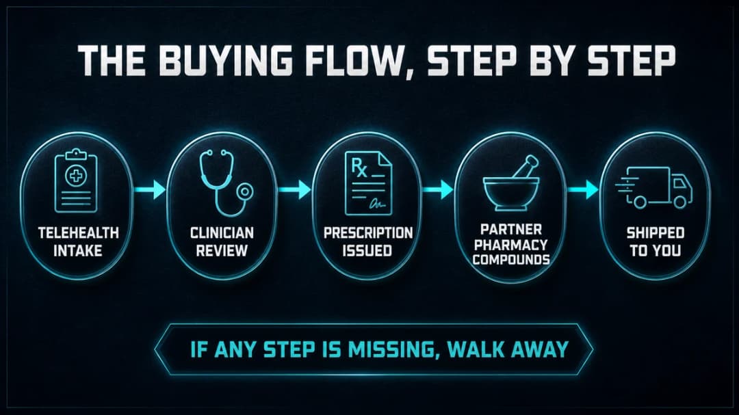 Diagram: the compounded tirzepatide buying flow, step by step