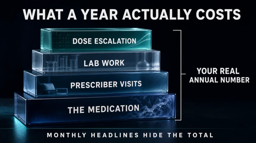 Stacked diagram titled "What a year actually costs", with four layers from the base upward: the medication, prescriber visits, lab work, and dose escalation, bracketed together as "your real annual number". Captioned "Monthly headlines hide the total."
