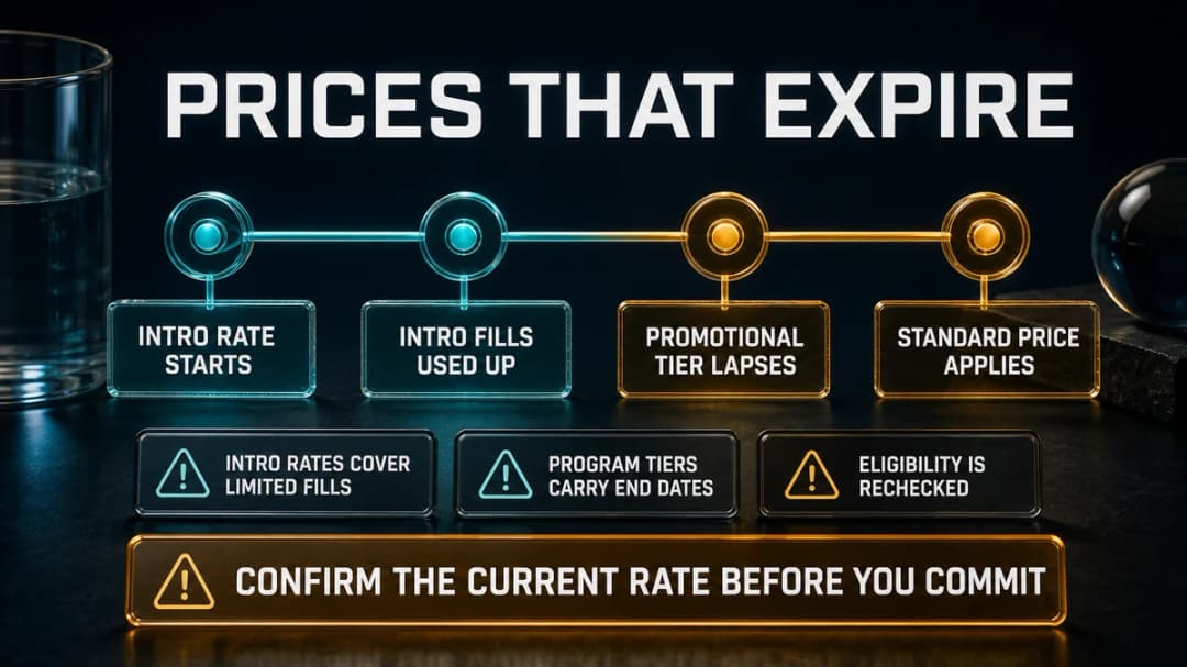 Timeline titled "Prices that expire", running from intro rate starts, to intro fills used up, to promotional tier lapses, to standard price applies, with cautions that intro rates cover limited fills, program tiers carry end dates, and eligibility is rechecked. Captioned "Confirm the current rate before you commit."