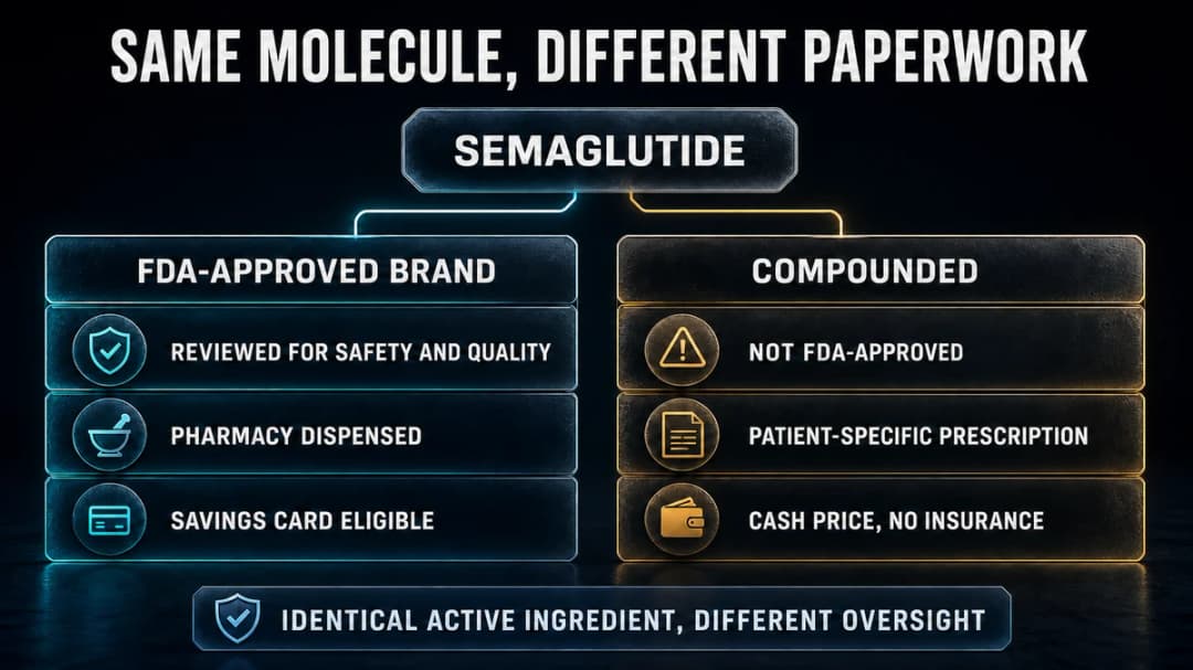 Split diagram titled "Same molecule, different paperwork", showing semaglutide branching into an FDA-approved brand column (reviewed for safety and quality, pharmacy dispensed, savings card eligible) and a compounded column (not FDA-approved, patient-specific prescription, cash price with no insurance). Captioned "Identical active ingredient, different oversight."