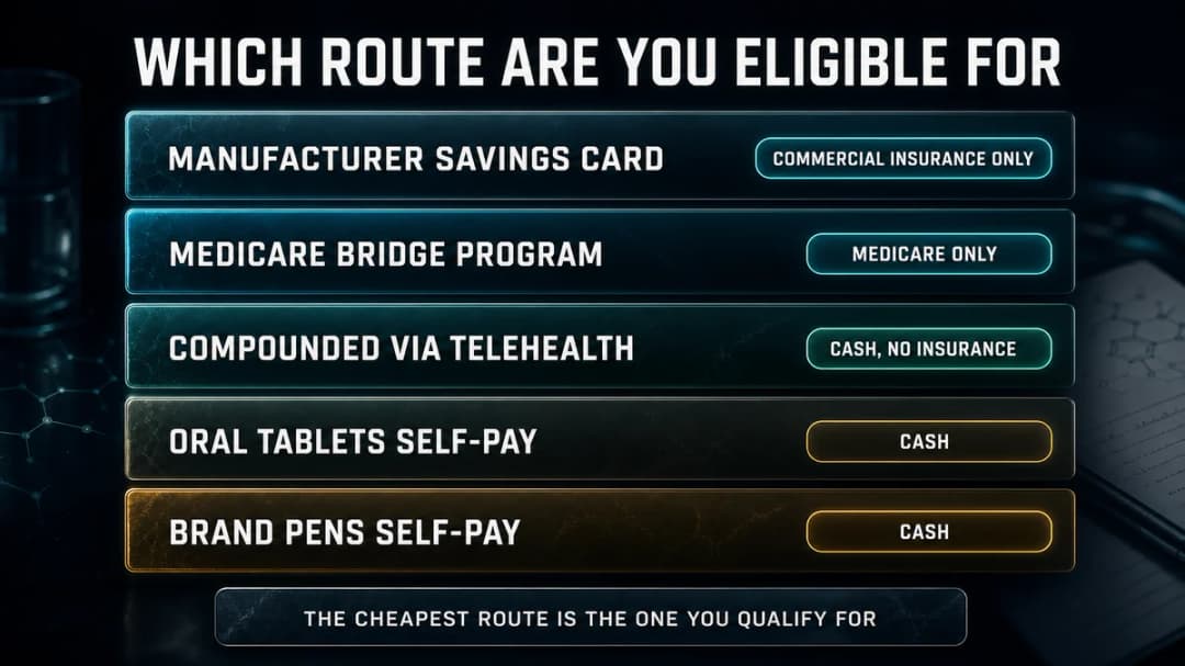 Vertical eligibility ladder titled "Which route are you eligible for", ordered cheapest first: manufacturer savings card (commercial insurance only), Medicare bridge program (Medicare only), compounded via telehealth (cash, no insurance), oral tablets self-pay (cash), brand pens self-pay (cash). Captioned "The cheapest route is the one you qualify for."