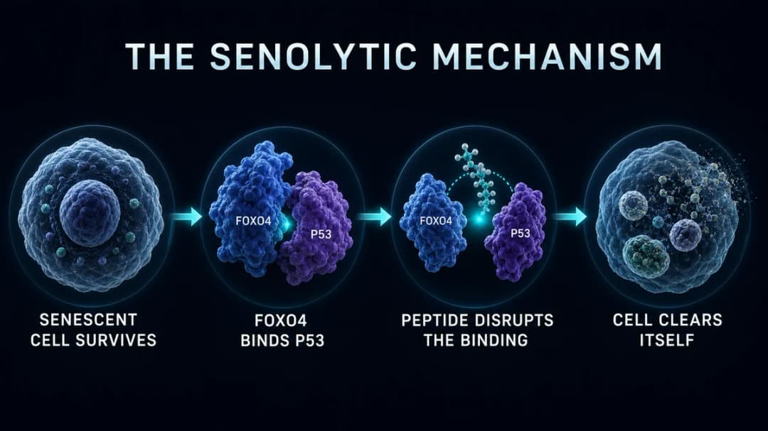 Diagram: the FOXO4-DRI senolytic mechanism