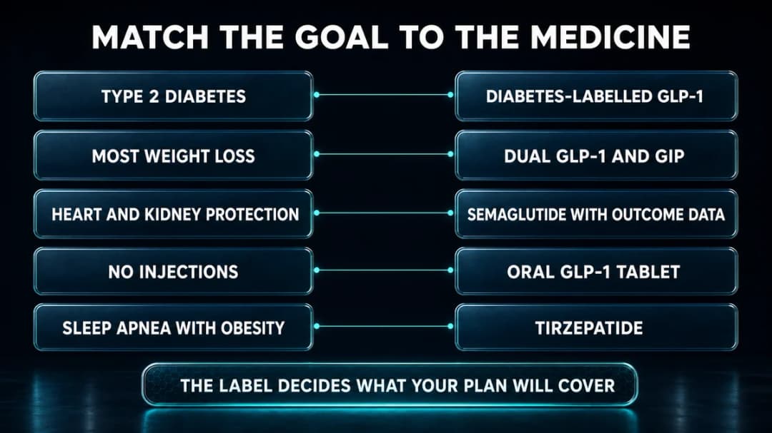 Matching diagram titled "Match the goal to the medicine", joining five patient goals on the left to the GLP-1 medication class that fits on the right: type 2 diabetes to a diabetes-labelled GLP-1, most weight loss to dual GLP-1 and GIP, heart and kidney protection to semaglutide with outcome data, no injections to an oral GLP-1 tablet, and sleep apnea with obesity to tirzepatide. Captioned "The label decides what your plan will cover."