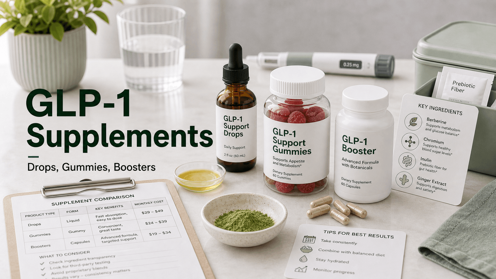 GLP-1 Supplements: Drops, Gummies, and Boosters — What's In Them, What They Cost, What They Do