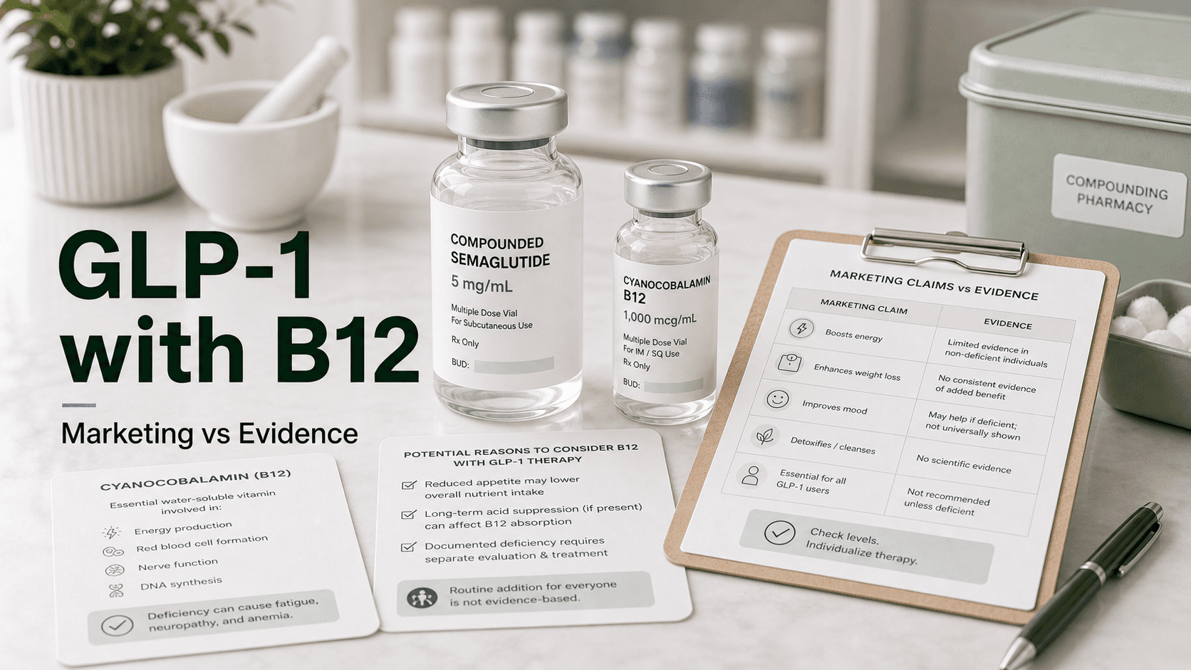 GLP-1 with B12: Honest Analysis of Compounded Semaglutide + Cyanocobalamin (Marketing vs Evidence) article visual