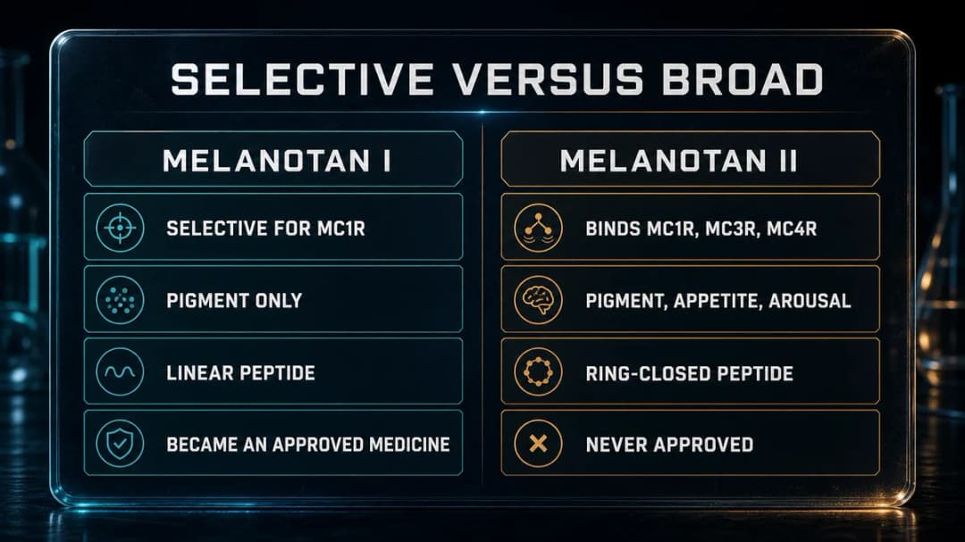 Comparison: melanotan 1 is selective, melanotan 2 is broad
