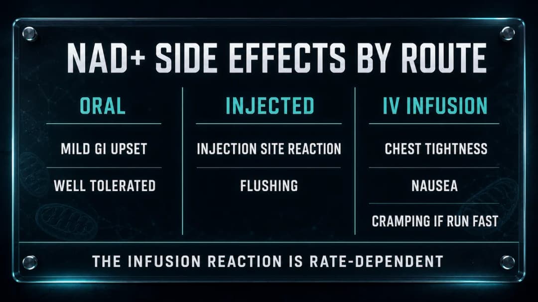 Comparison: NAD+ side effects by route, oral, injected and IV