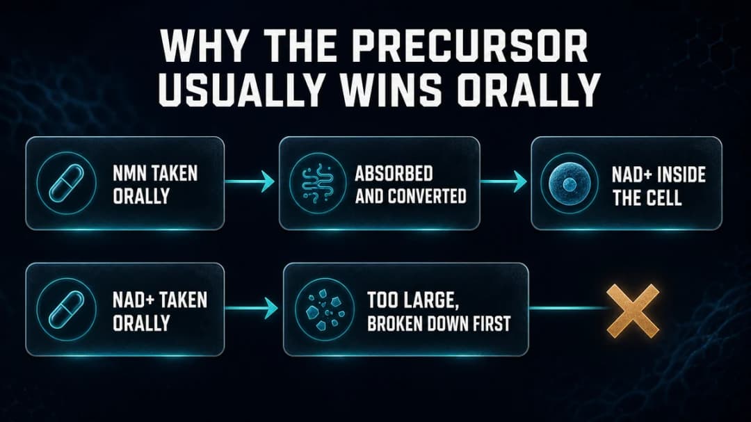 Diagram: why the precursor usually wins when taken orally