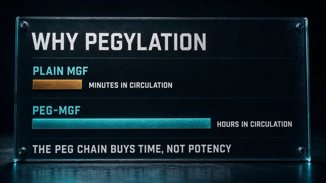 Diagram: why PEG-MGF is pegylated and what it buys