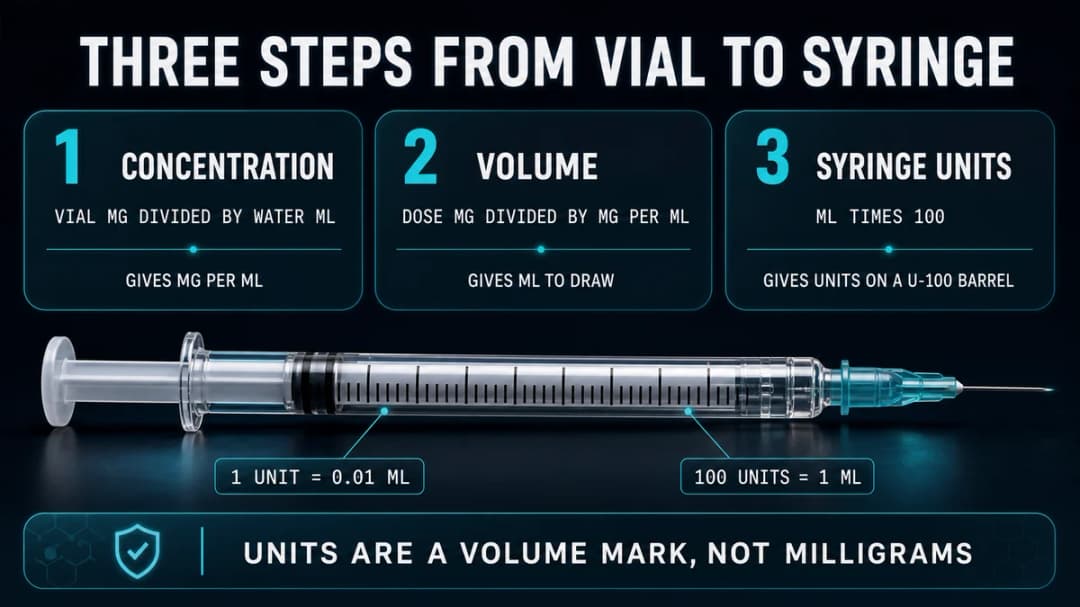 Three-step diagram showing vial milligrams divided by water milliliters to reach concentration, dose divided by concentration to reach volume, and volume times 100 to reach U-100 syringe units