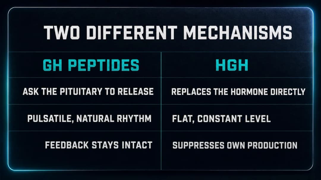 Comparison: GH peptides and HGH work by two different mechanisms