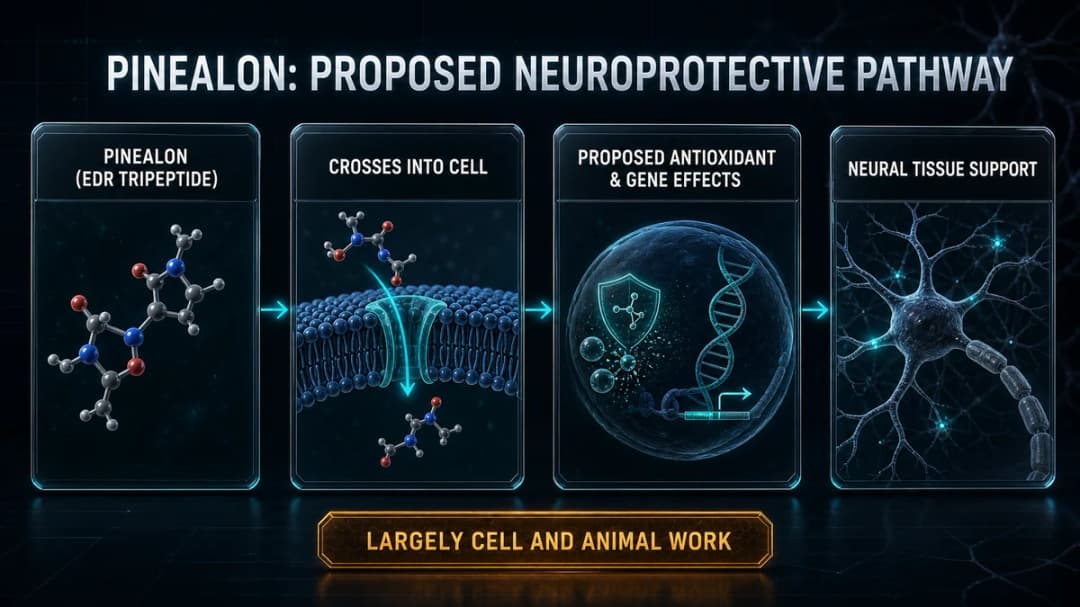 Diagram: the proposed Pinealon neuroprotective pathway