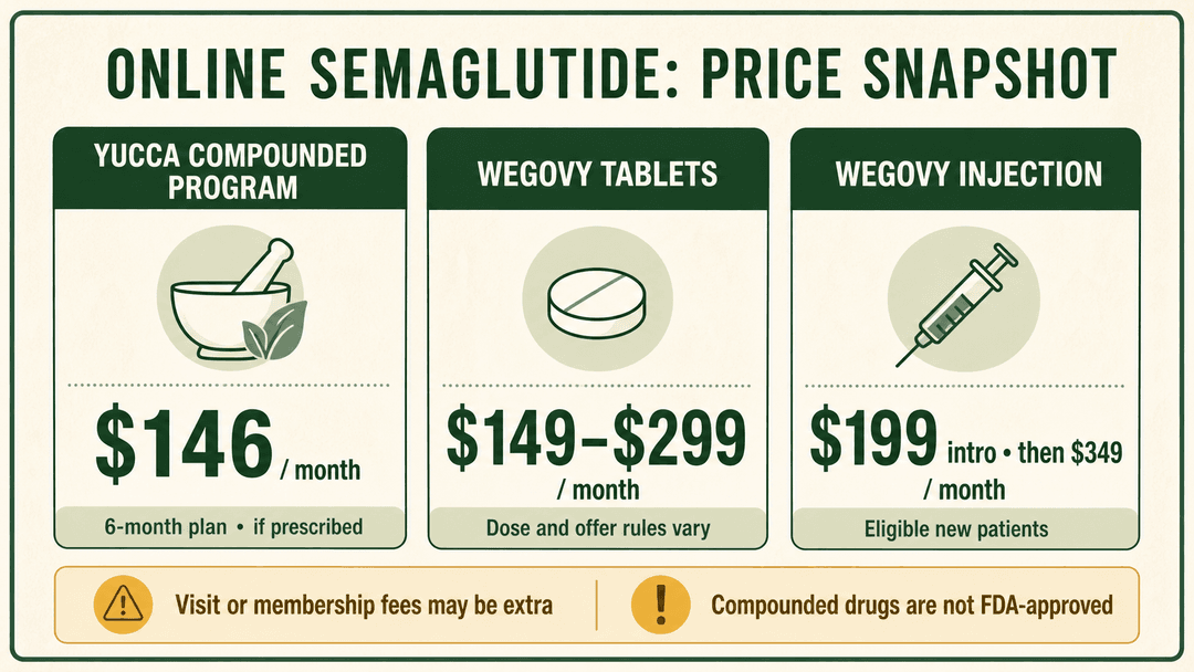July 2026 price snapshot comparing Yucca compounded semaglutide, Wegovy tablets, and Wegovy injection