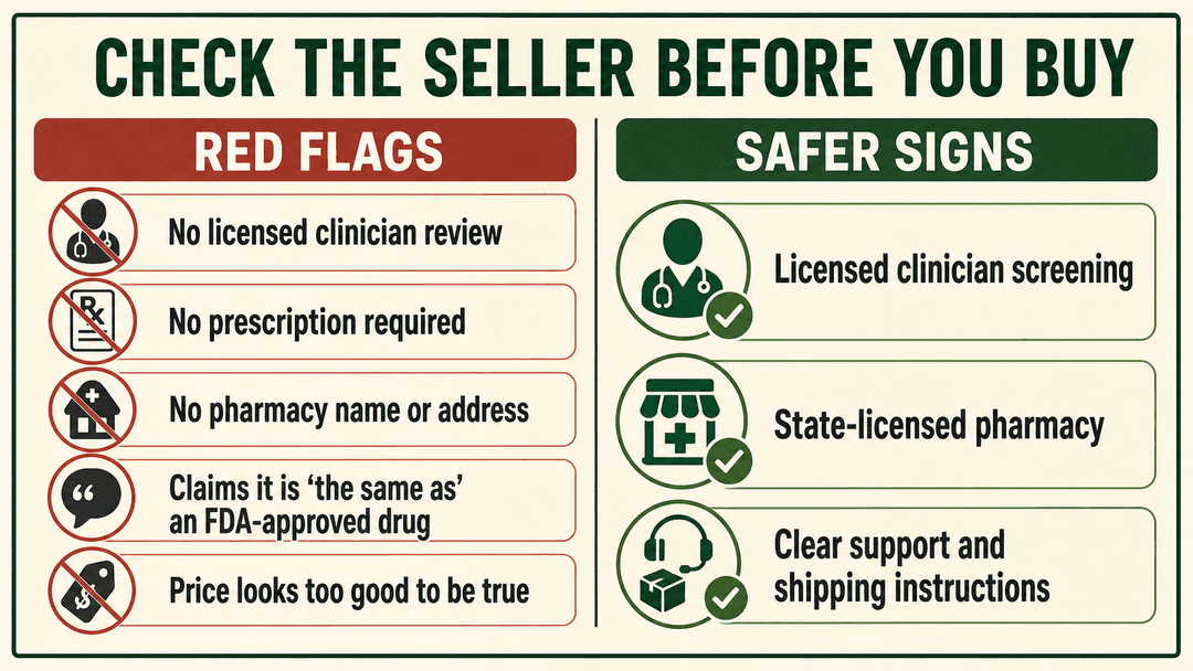 Checklist of red flags and safer signs when choosing an online semaglutide seller