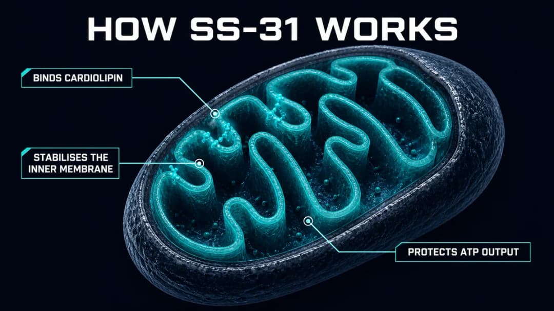 Diagram: how SS-31 stabilises the inner mitochondrial membrane
