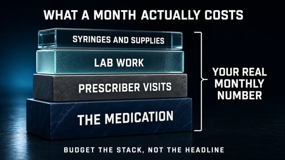 Stacked diagram titled "What a month actually costs", with four layers from the base upward: the medication, prescriber visits, lab work, and syringes and supplies, bracketed together as "your real monthly number". Captioned "Budget the stack, not the headline."