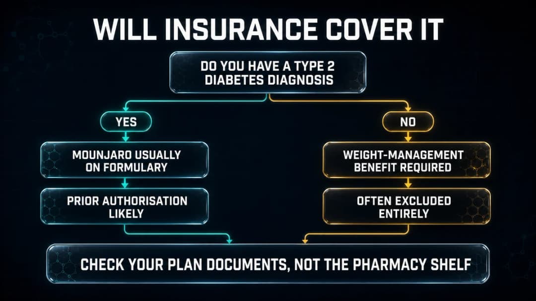 Decision flowchart titled "Will insurance cover it". Starting from whether you have a type 2 diabetes diagnosis: yes leads to Mounjaro usually on formulary then prior authorisation likely; no leads to a weight-management benefit being required and the drug often excluded entirely. Both paths end at "Check your plan documents, not the pharmacy shelf."