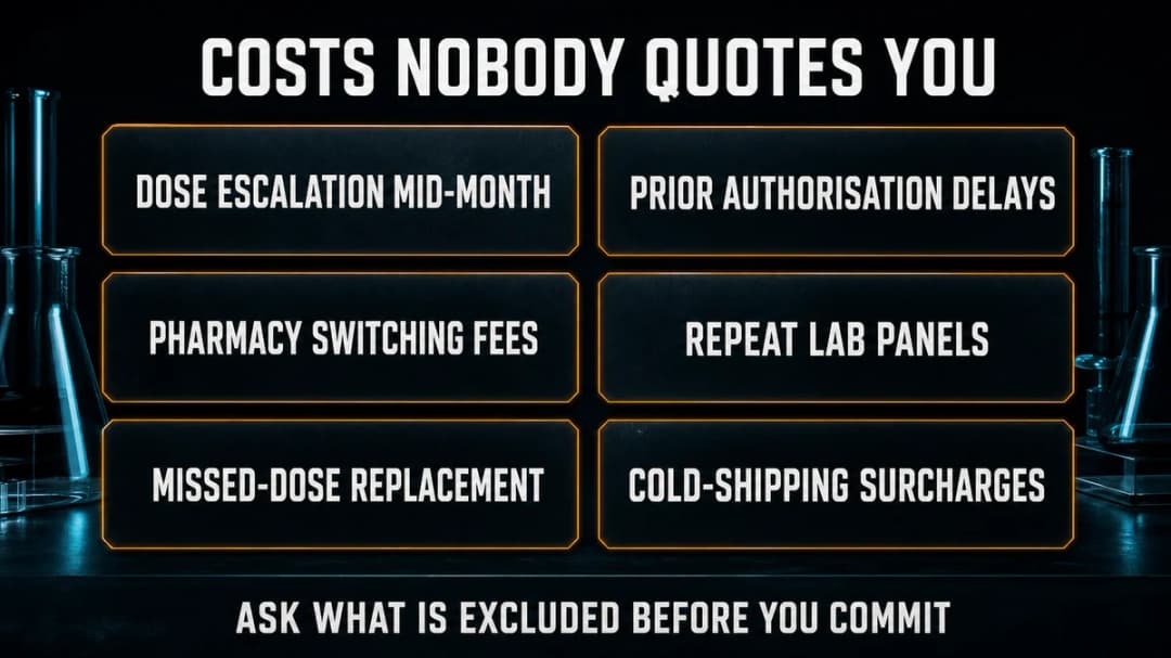Grid of six amber warning cards titled "Costs nobody quotes you": dose escalation mid-month, prior authorisation delays, pharmacy switching fees, repeat lab panels, missed-dose replacement, and cold-shipping surcharges. Captioned "Ask what is excluded before you commit."