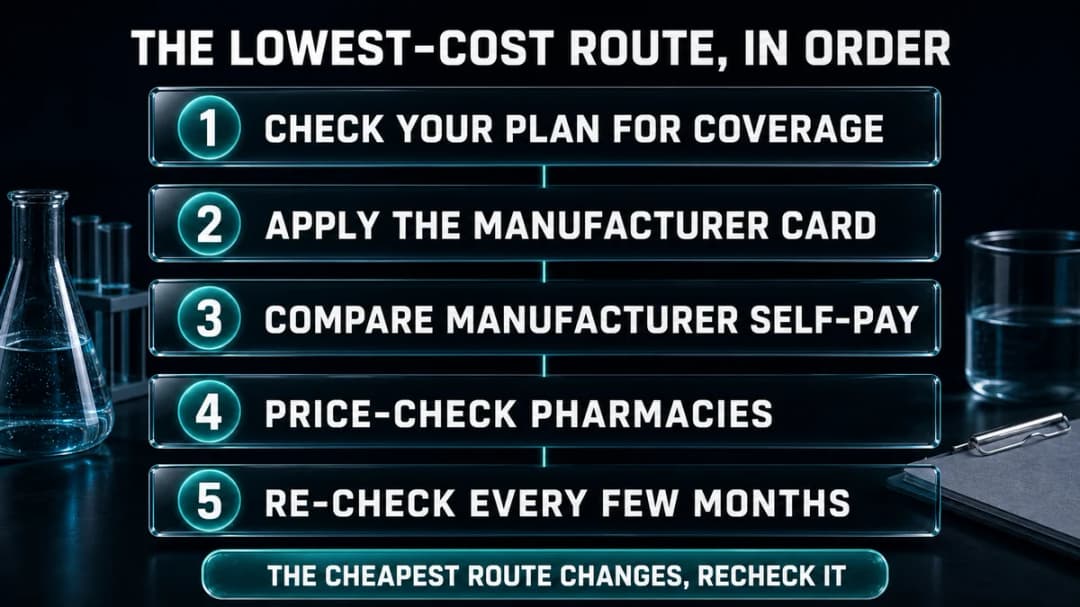 Five-step numbered flow titled "The lowest-cost route, in order": check your plan for coverage, apply the manufacturer card, compare manufacturer self-pay, price-check pharmacies, re-check every few months. Captioned "The cheapest route changes, recheck it."