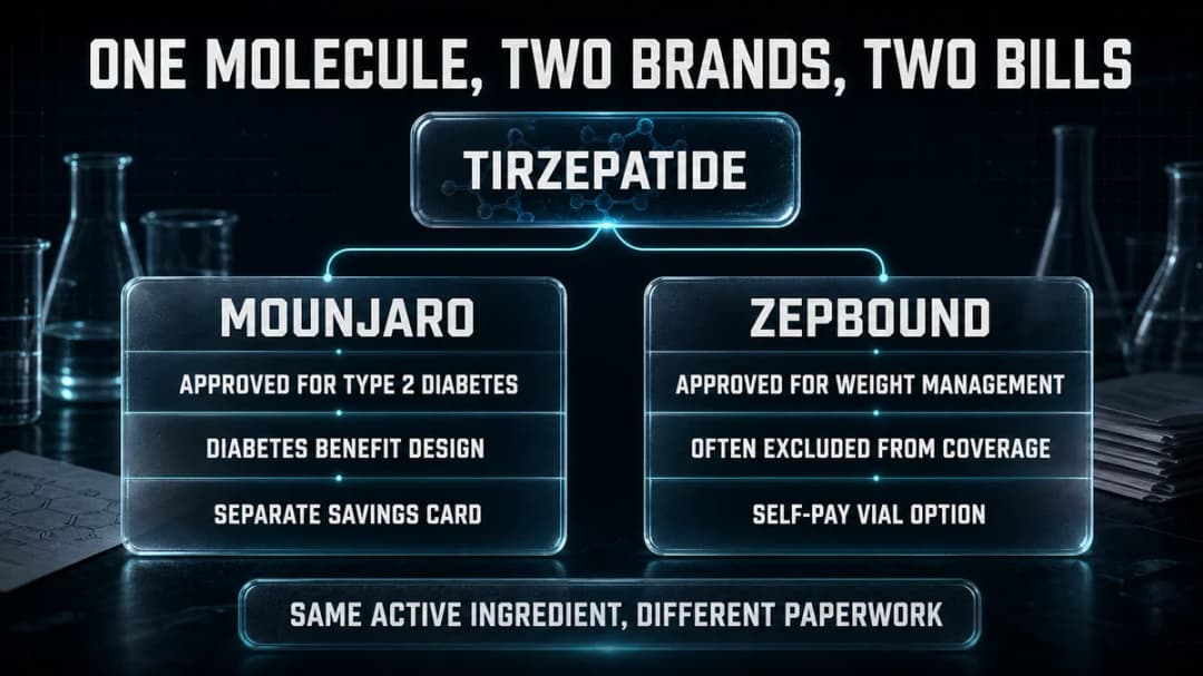 Split diagram titled "One molecule, two brands, two bills", showing tirzepatide branching into Mounjaro, approved for type 2 diabetes with diabetes benefit design and a separate savings card, and Zepbound, approved for weight management, often excluded from coverage, with a self-pay vial option. Captioned "Same active ingredient, different paperwork."