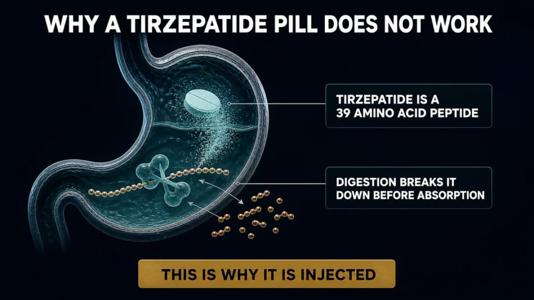 Diagram: why tirzepatide cannot survive digestion as a tablet