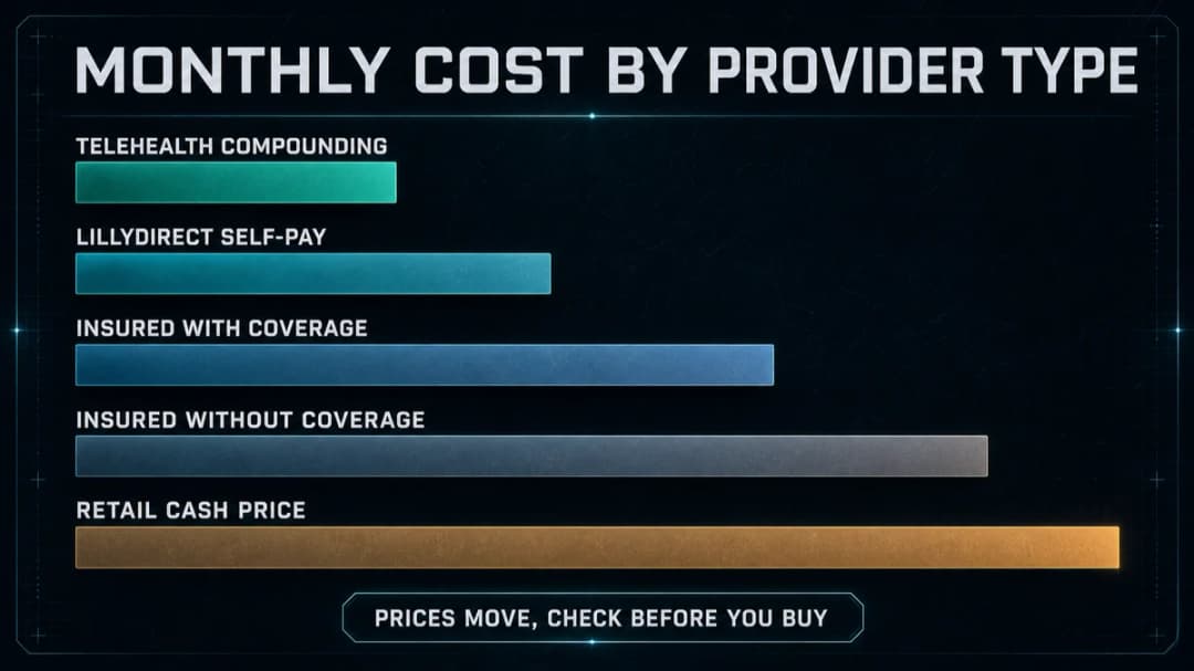 Horizontal bar chart titled "Monthly cost by provider type", ordering five routes from cheapest to most expensive: telehealth compounding, LillyDirect self-pay, insured with coverage, insured without coverage, and retail cash price, captioned "Prices move, check before you buy."