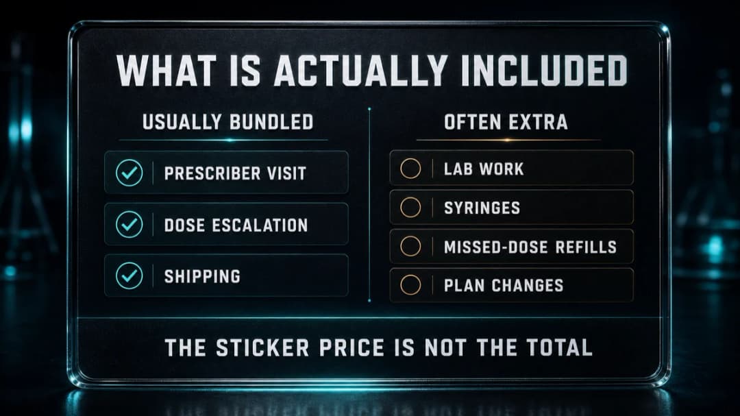 Two-column checklist titled "What is actually included". Usually bundled: prescriber visit, dose escalation, shipping. Often extra: lab work, syringes, missed-dose refills, plan changes. Captioned "The sticker price is not the total."