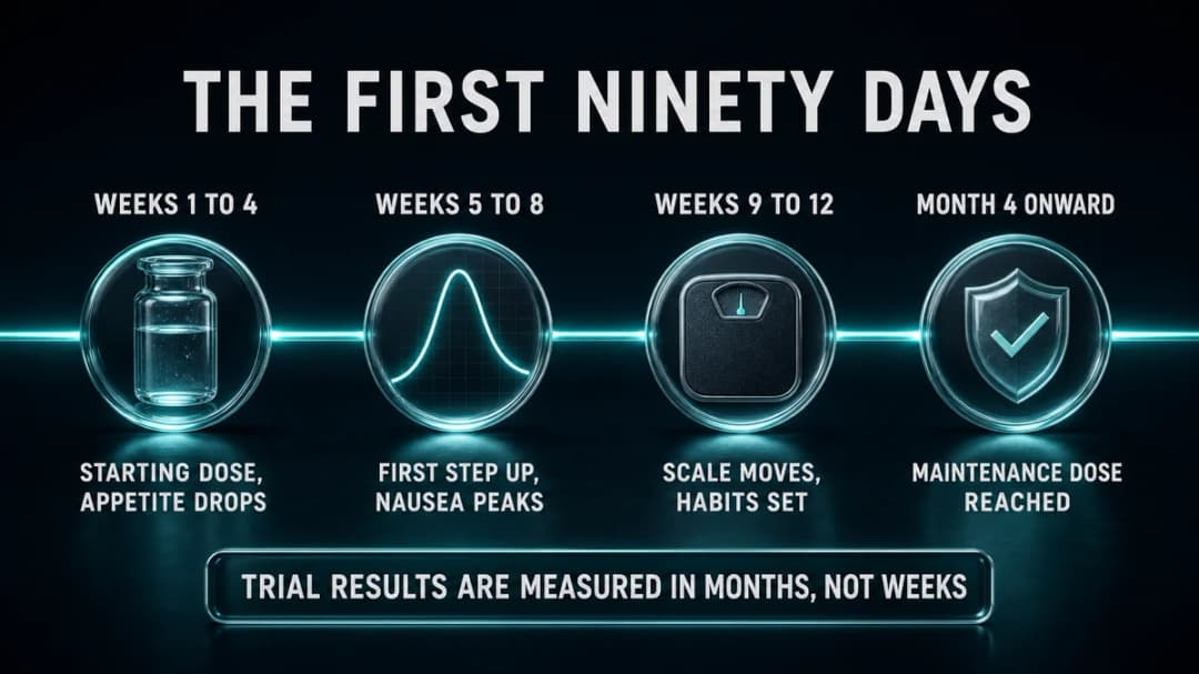 Timeline infographic titled "The first ninety days" on weight loss injections, with four milestones: weeks 1 to 4, starting dose and appetite drops; weeks 5 to 8, first dose step up and nausea peaks; weeks 9 to 12, the scale moves and habits set; month 4 onward, maintenance dose reached. Captioned "Trial results are measured in months, not weeks."