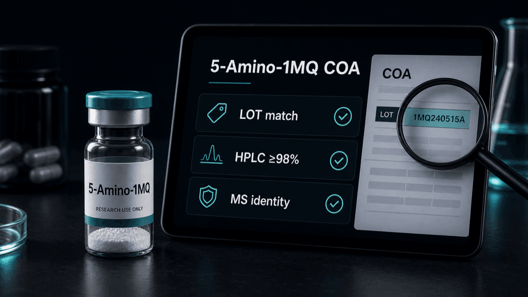 Dark-mode 5-Amino-1MQ COA checklist showing lot match, HPLC purity, and mass-spec identity