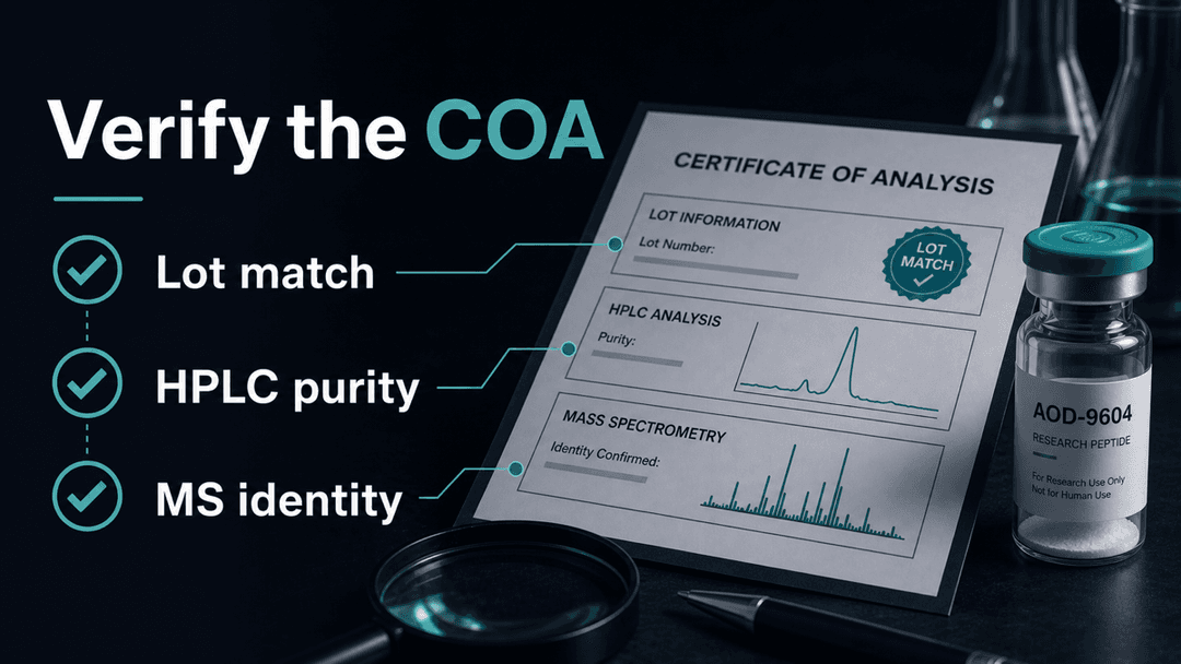 Dark-mode AOD-9604 certificate of analysis checklist showing lot match, HPLC purity, and MS identity verification