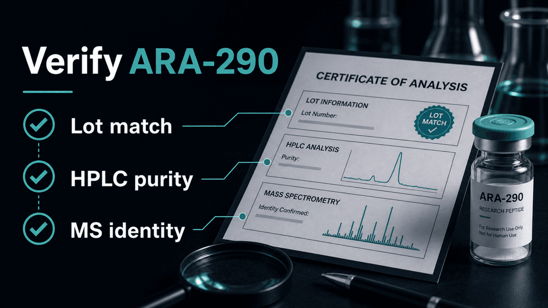 Dark-mode ARA-290 certificate of analysis checklist showing lot match, HPLC purity, and MS identity verification