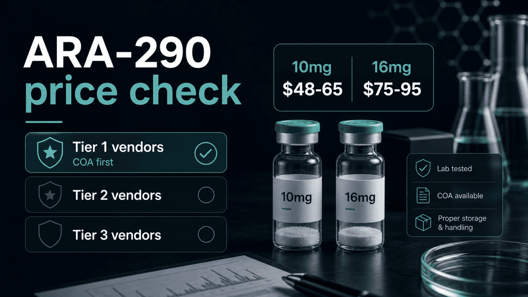 Dark-mode ARA-290 price check comparing 10mg and 16mg vial ranges with COA-first vendor filtering