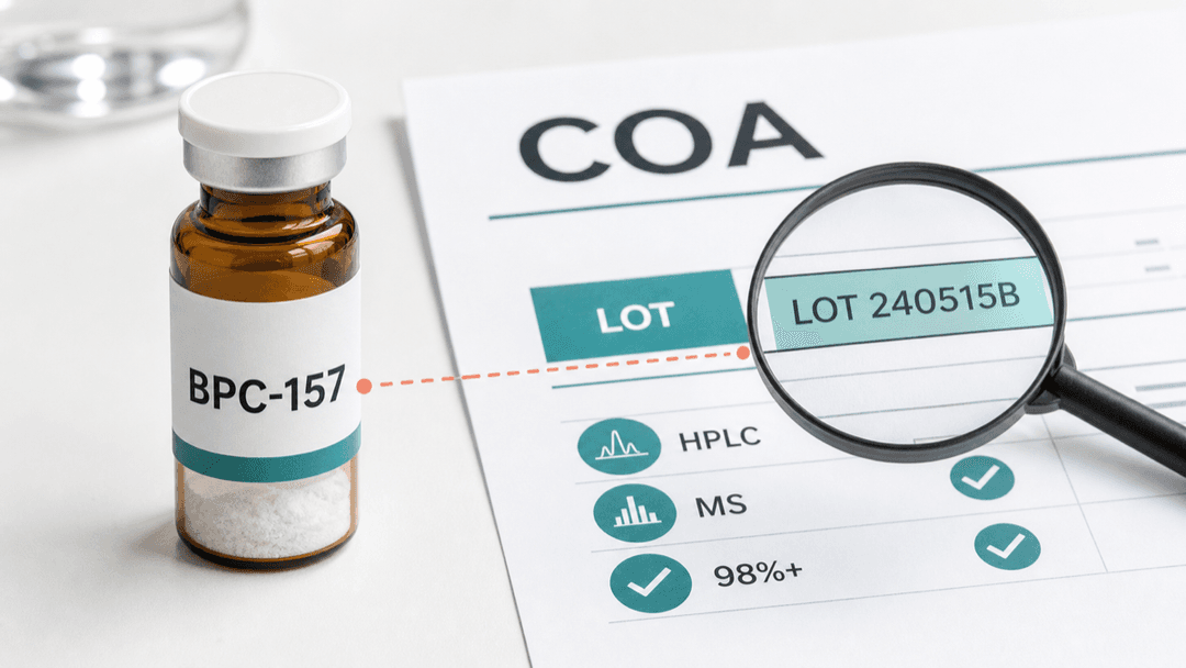 BPC-157 vial beside a certificate of analysis with matching lot number, HPLC, MS, and purity checks