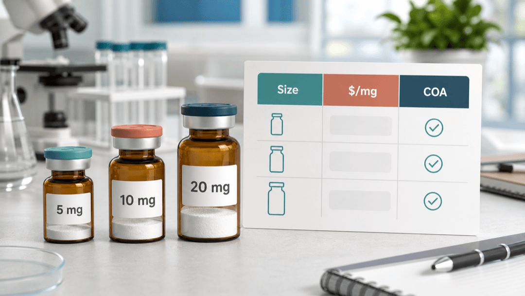 BPC-157 vial size comparison showing 5 mg, 10 mg, and 20 mg options with price per milligram and COA checks