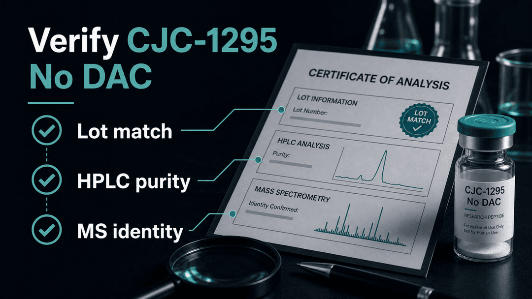 Dark-mode CJC-1295 no DAC certificate of analysis checklist showing lot match, HPLC purity, and MS identity verification