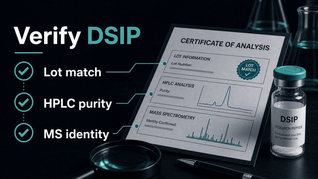 Dark-mode DSIP certificate of analysis checklist showing lot match, HPLC purity, and MS identity verification