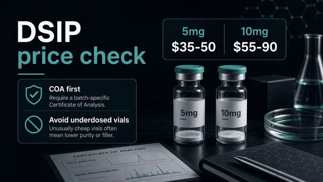 Dark-mode DSIP price check comparing 5mg and 10mg vial ranges with a COA-first warning about underdosed vials
