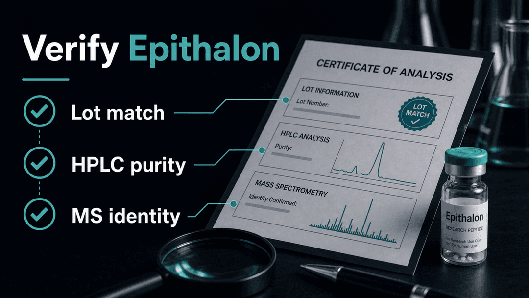 Dark-mode Epithalon certificate of analysis checklist showing lot match, HPLC purity, and MS identity verification