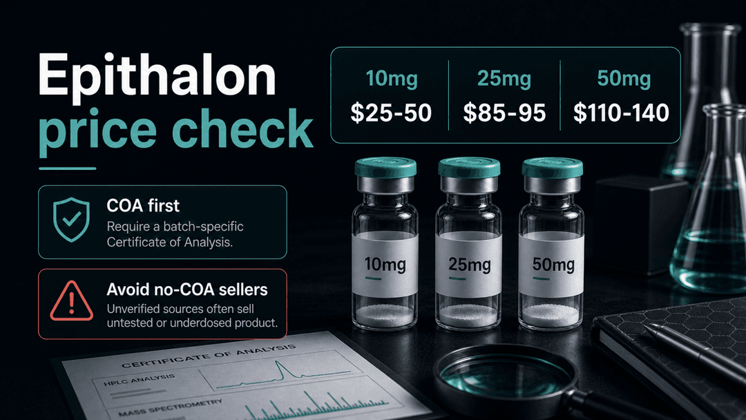 Dark-mode Epithalon price check comparing 10mg, 25mg, and 50mg vial ranges with a no-COA seller warning