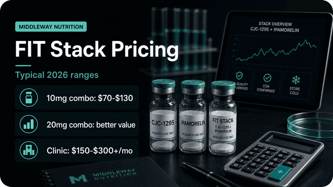 Dark-mode FIT Stack pricing guide showing 10mg combo, 20mg combo, and clinic route cost ranges