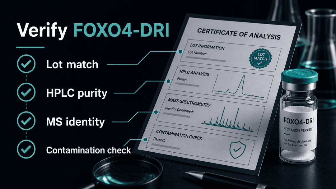 Dark-mode FOXO4-DRI certificate of analysis checklist showing lot match, HPLC purity, MS identity, and contamination checks