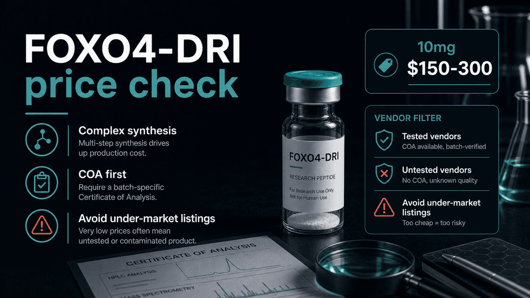 Dark-mode FOXO4-DRI price check showing a 10mg vial range, complex synthesis note, and COA-first vendor filtering