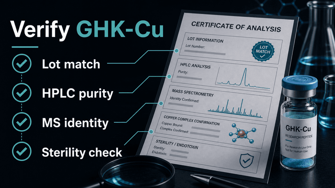 Dark-mode GHK-Cu certificate of analysis checklist showing lot match, HPLC purity, MS identity, and sterility checks