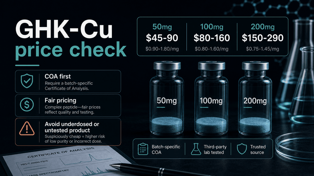 Dark-mode GHK-Cu price check comparing 50mg, 100mg, and 200mg vial ranges with COA-first filtering