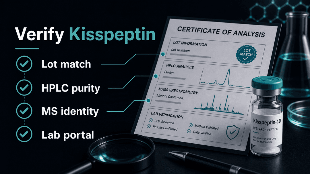 Dark-mode Kisspeptin certificate of analysis checklist showing lot match, HPLC purity, MS identity, and lab portal checks